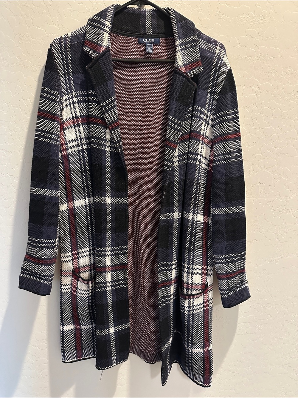 Chaps Navy, White & Burgundy Plaid Open Cardigan size S